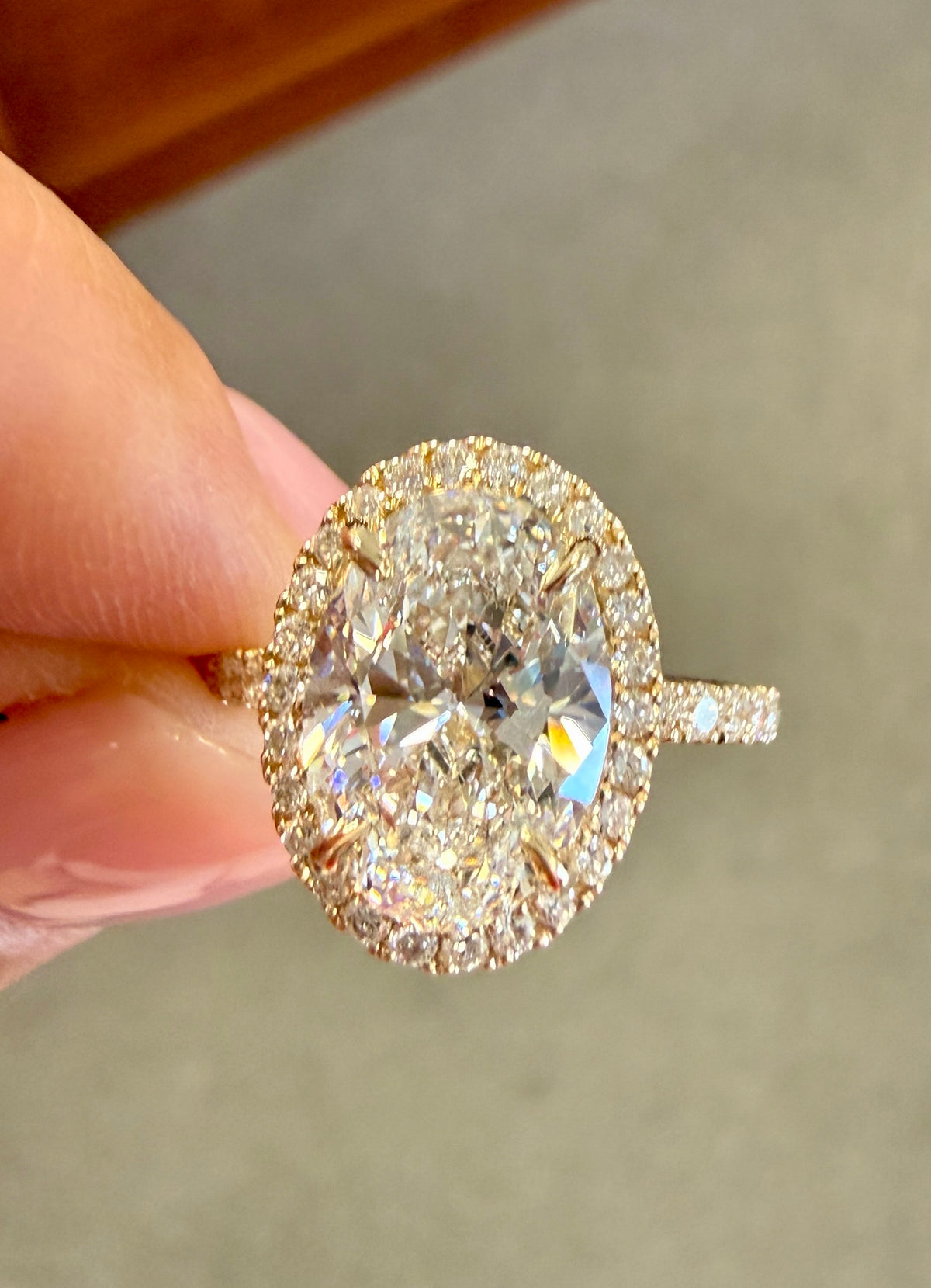 Custom Halo Ring with 3.53ct Oval D Vs1 Lab Grown Diamond center stone.