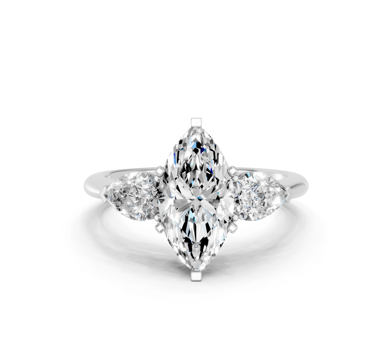 Custom 3 stone Marquise with 3.55ct F VS2 lab diamond and 3.5mmx 5mm pear side stones size 6.75 14k White Gold