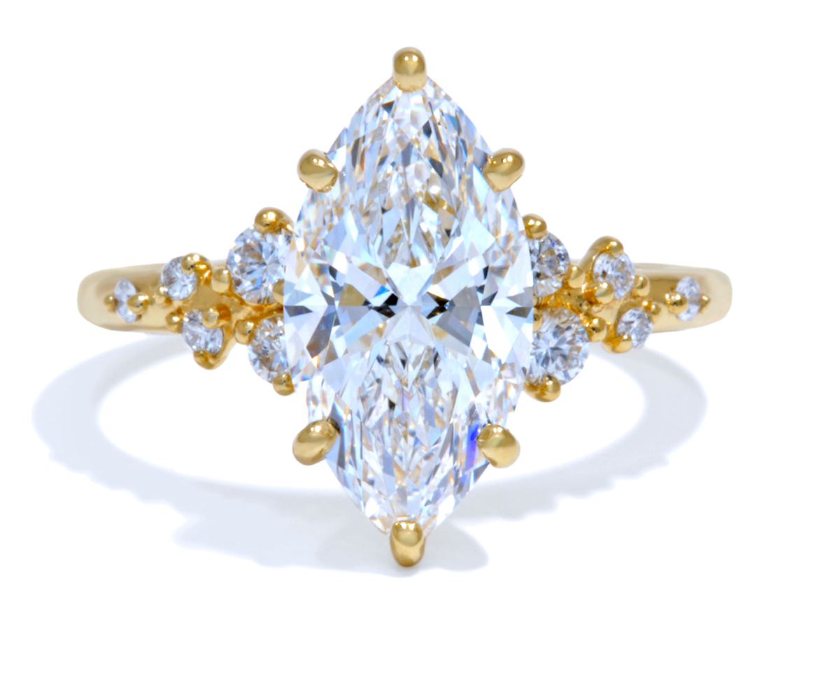 Custom 5.09 ct  marquise lab grown E VS2 ring with side stones 14k Yellow Gold