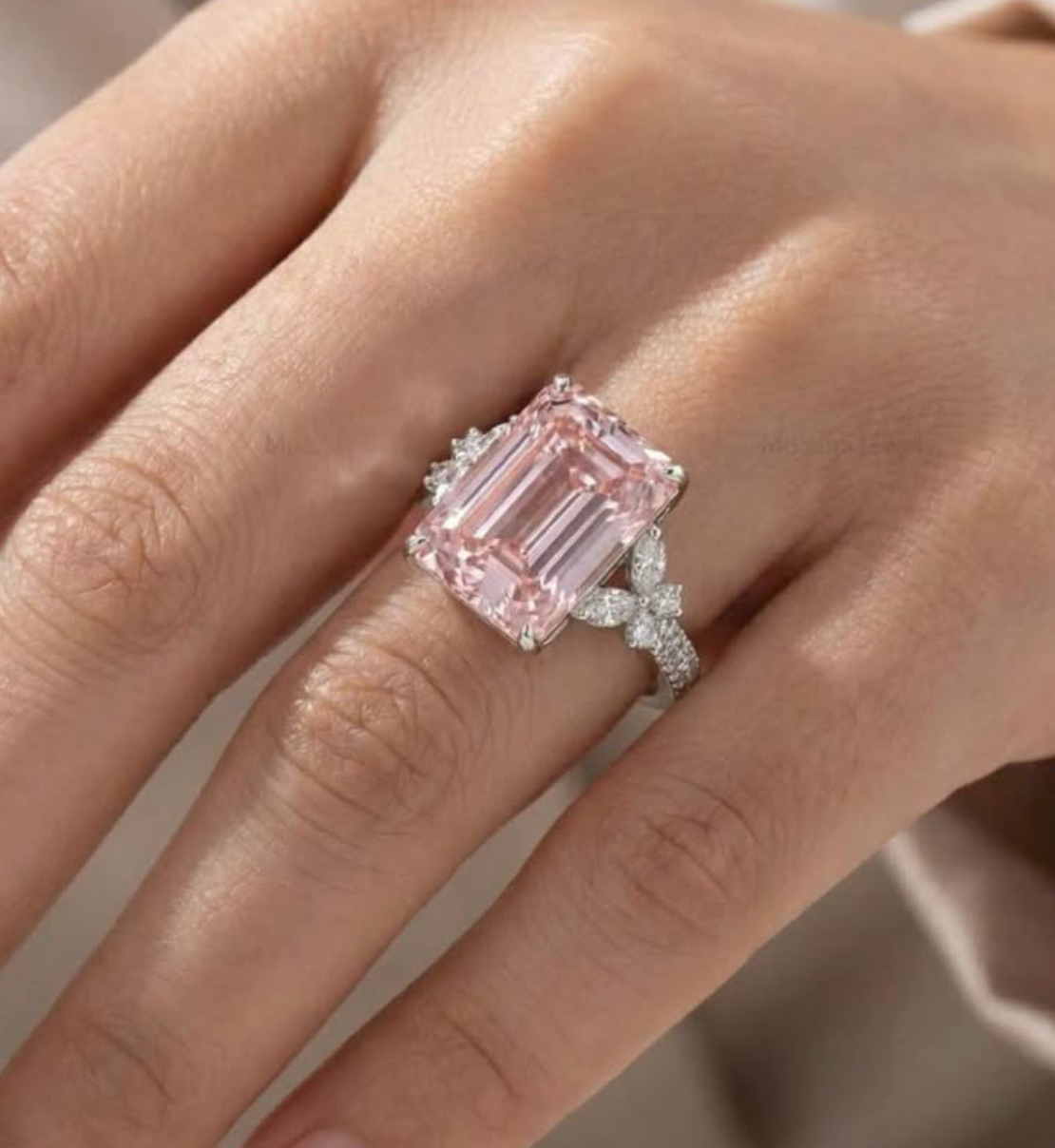 4.03ct VVS2 Pink emerald cut lab diamond ring with butterfly design 14k gold