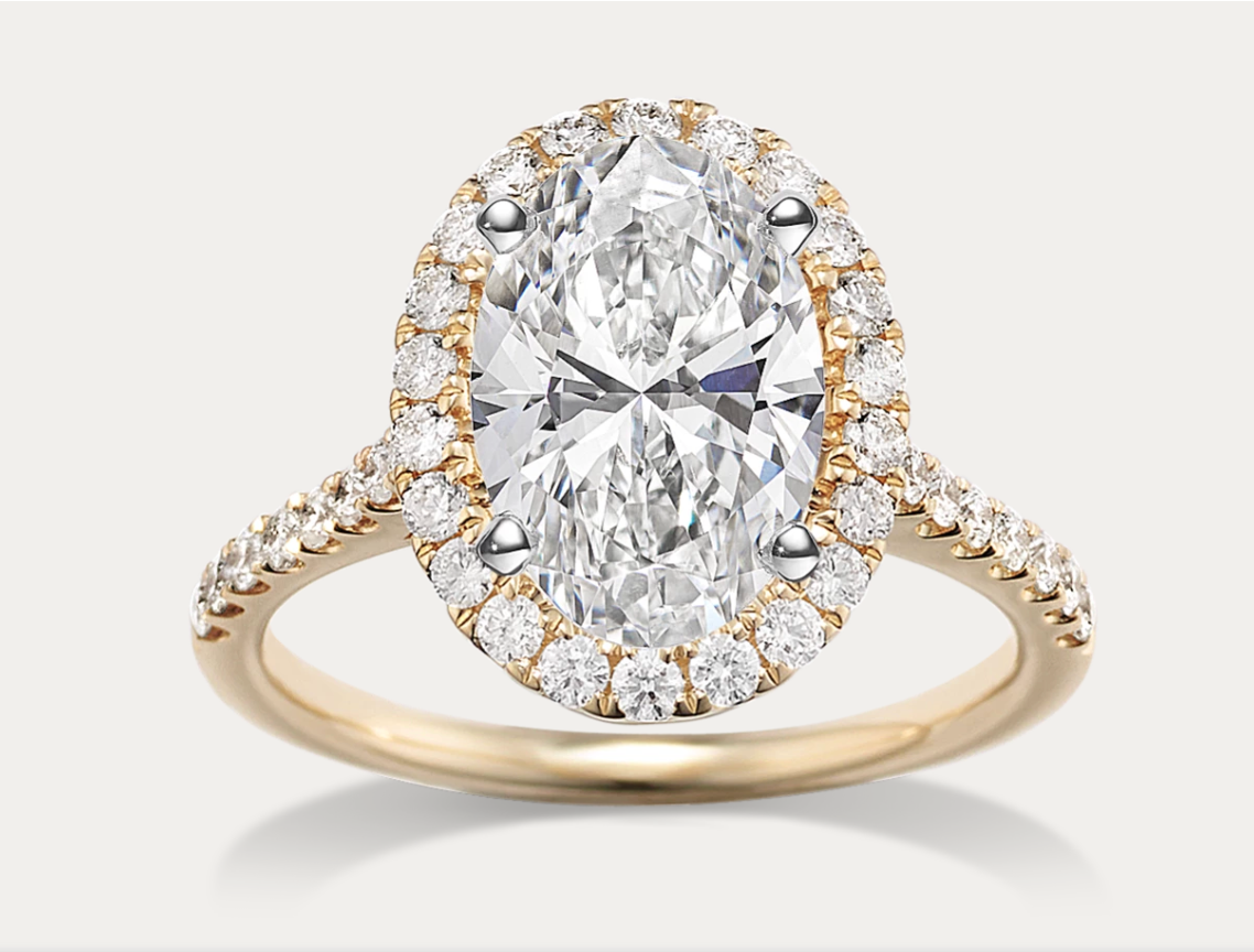 custom 3.5ct Oval lab diamond D Vs1 with halo 14k Yellow Gold