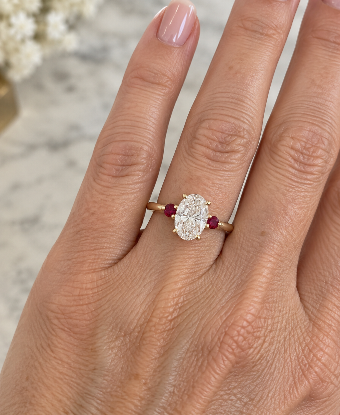 Custom 2ct Oval Lab Diamond Ring w/ side Natural Ruby in 14k Yellow Gold