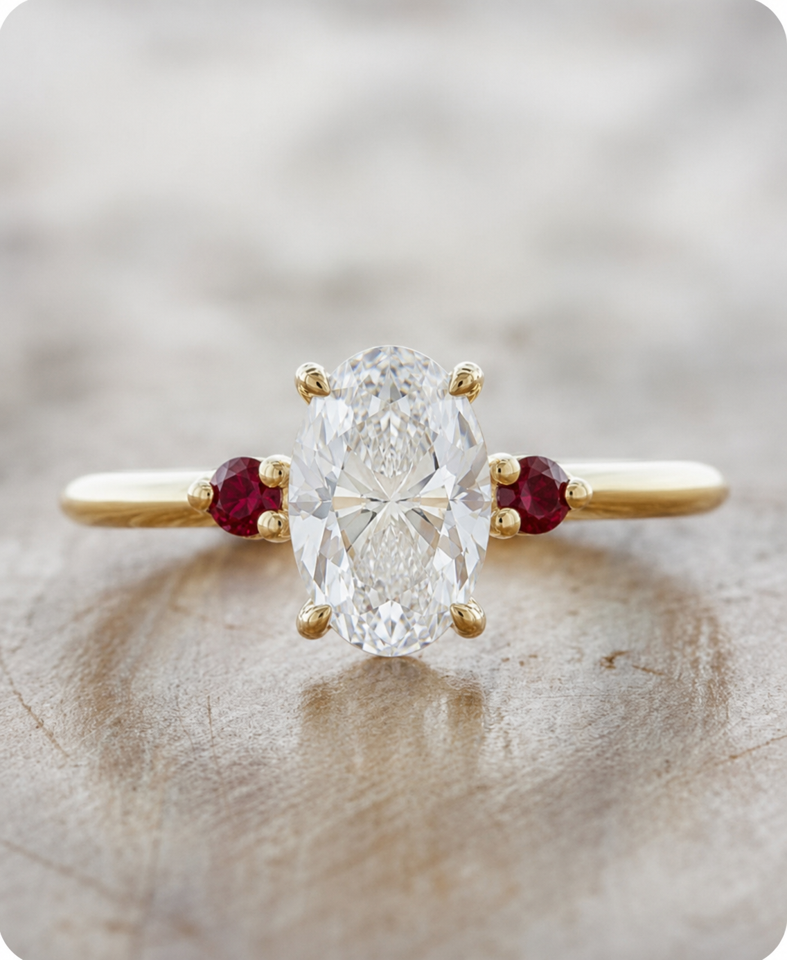 Custom 2ct Oval Lab Diamond Ring w/ side Natural Ruby in 14k Yellow Gold